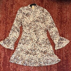 Floral Ruffle Long-Sleeve Mini Dress - Ivory with Brown & Black Spots